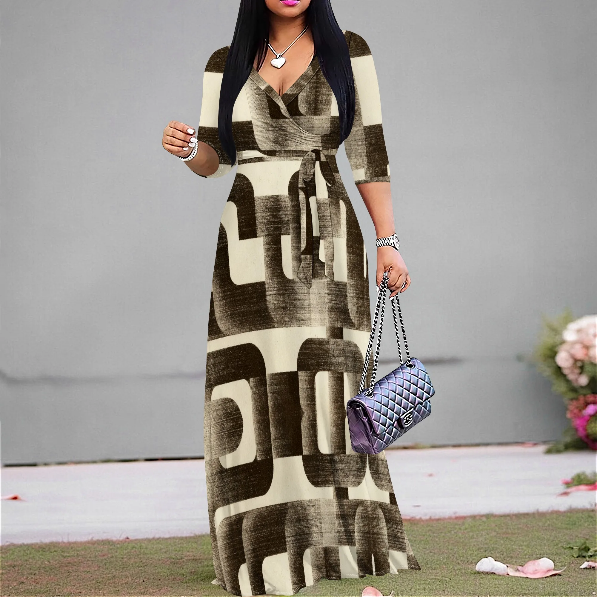

Brown Geometric Print Maxi Dress S‑3XL V‑Neck Wrap Style with Belt & 3/4 Sleeves for Art Event, Retro Party or Daytime Look