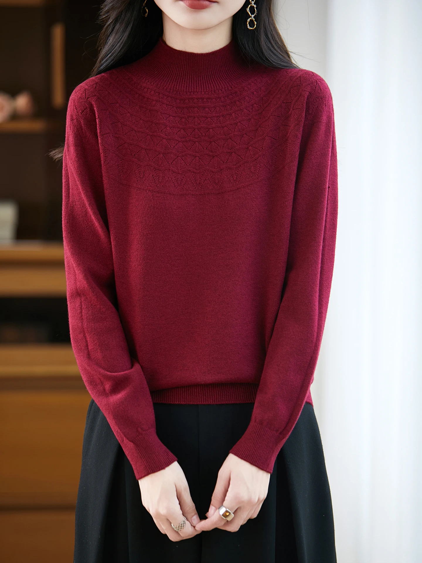 

Classic Autumn Winter Woman Sweater Elegant Female Merino Wool Knitwear Mock Neck Pullover Hollow Out Long Sleeve Clothing Tops