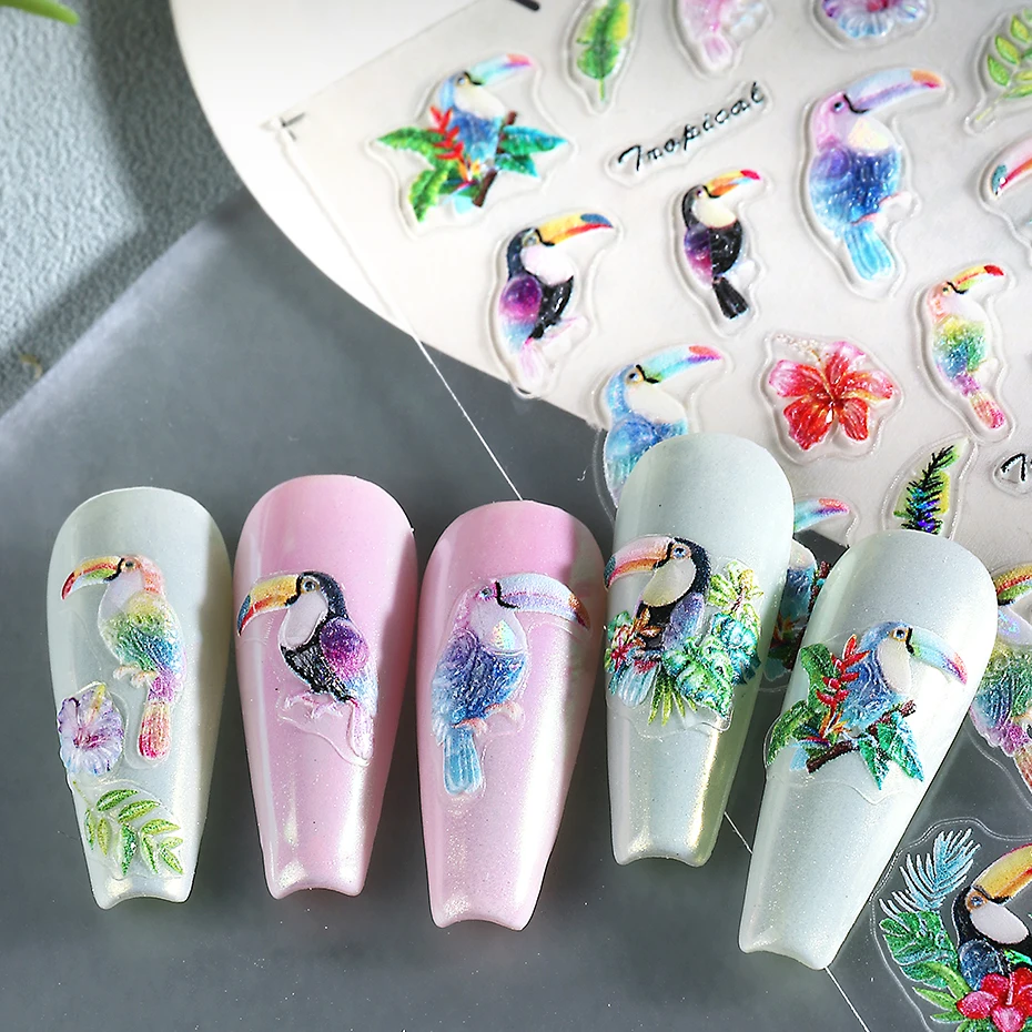 1/2 قطعة 5D تنقش الببغاء الطيور مسمار الفن ملصقات الاستوائية ورقة زهرة فلامنغو تصميم مسمار الشارات الديكور DIY بها بنفسك مانيكير المنزلق