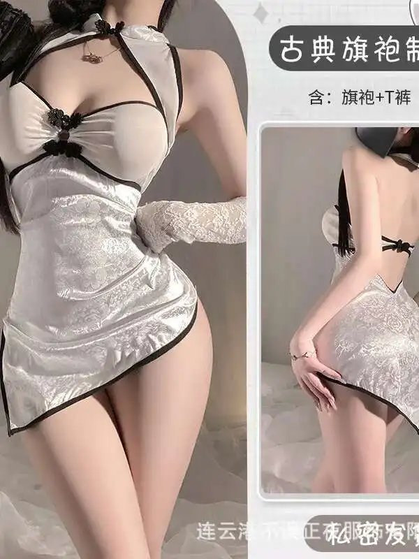 เซ็กซี่ Cheongsam ชุด Pure Desire สไตล์ชุดนอนสีขาวหวาน Slim Mini Dress ตาข่ายลูกไม้ Sheer ผู้หญิงเซ็กซี่ร้อน UO8E