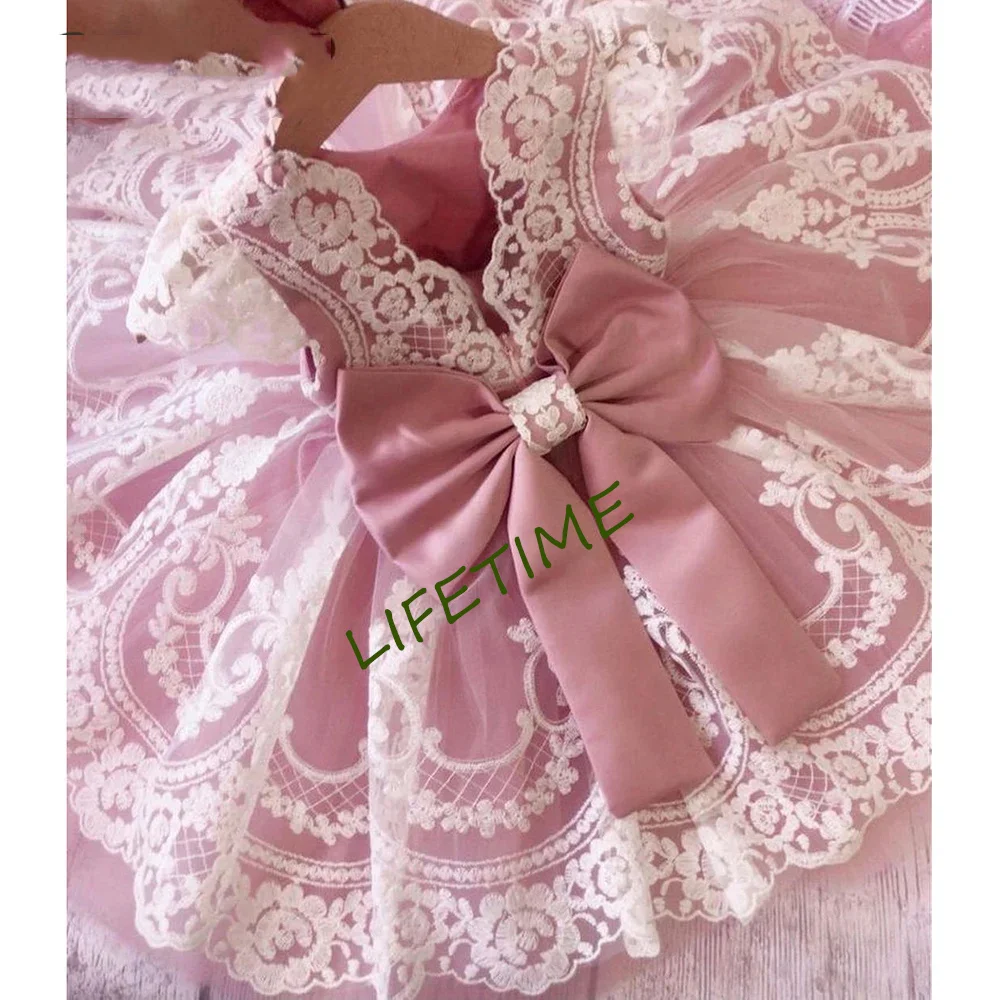 Vestido de flor de renda rosa inchado menina, vestido de festa de aniversário da menina, vestidos de princesa de tule infantil, primeira comunhão infantil bonito