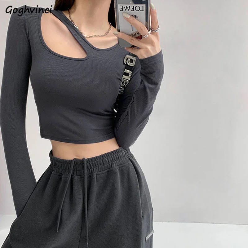 חולצות נשים סקסי יבול למעלה סימטרי כל התאמה רזה גבוהה גמישות מגניב קוריאני סגנון אביב מוצק חלול החוצה תוספות מכירה לוהטת