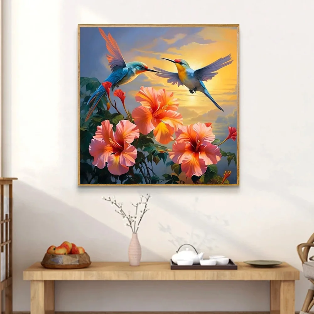 Huacan Diy Diamond Painting Flower Full Square Round Mosaic Animal Hummingbird Art Wall Decoration Craft Kit