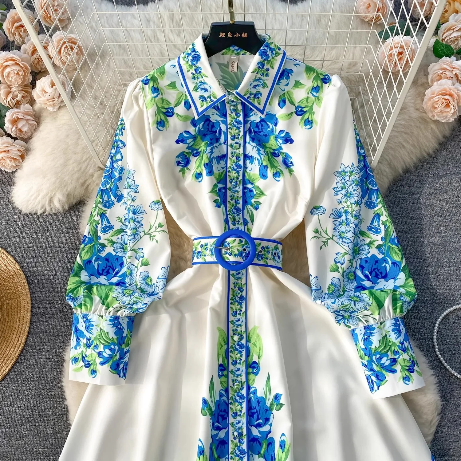 

Fashion Holiday Flower Long Dress Women's Turn Down Collar Single Breasted Lantern Sleeve Floral Print Belt Beach Vestidos