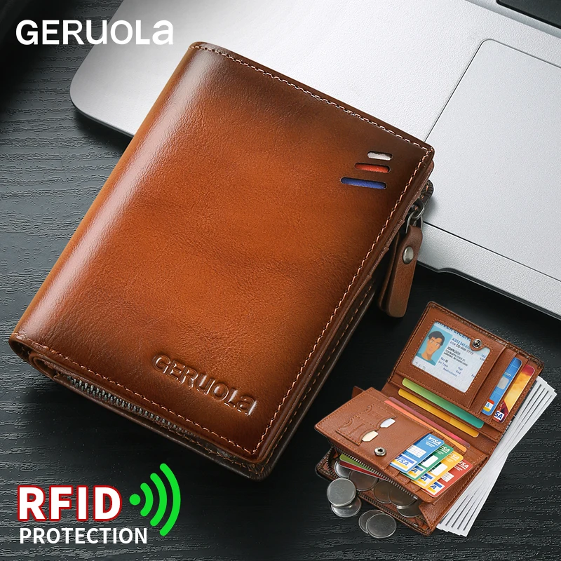 Men’s genuine leather wallet with zipped coin pocket, top-grain cowhide RFID-protected credit card holder