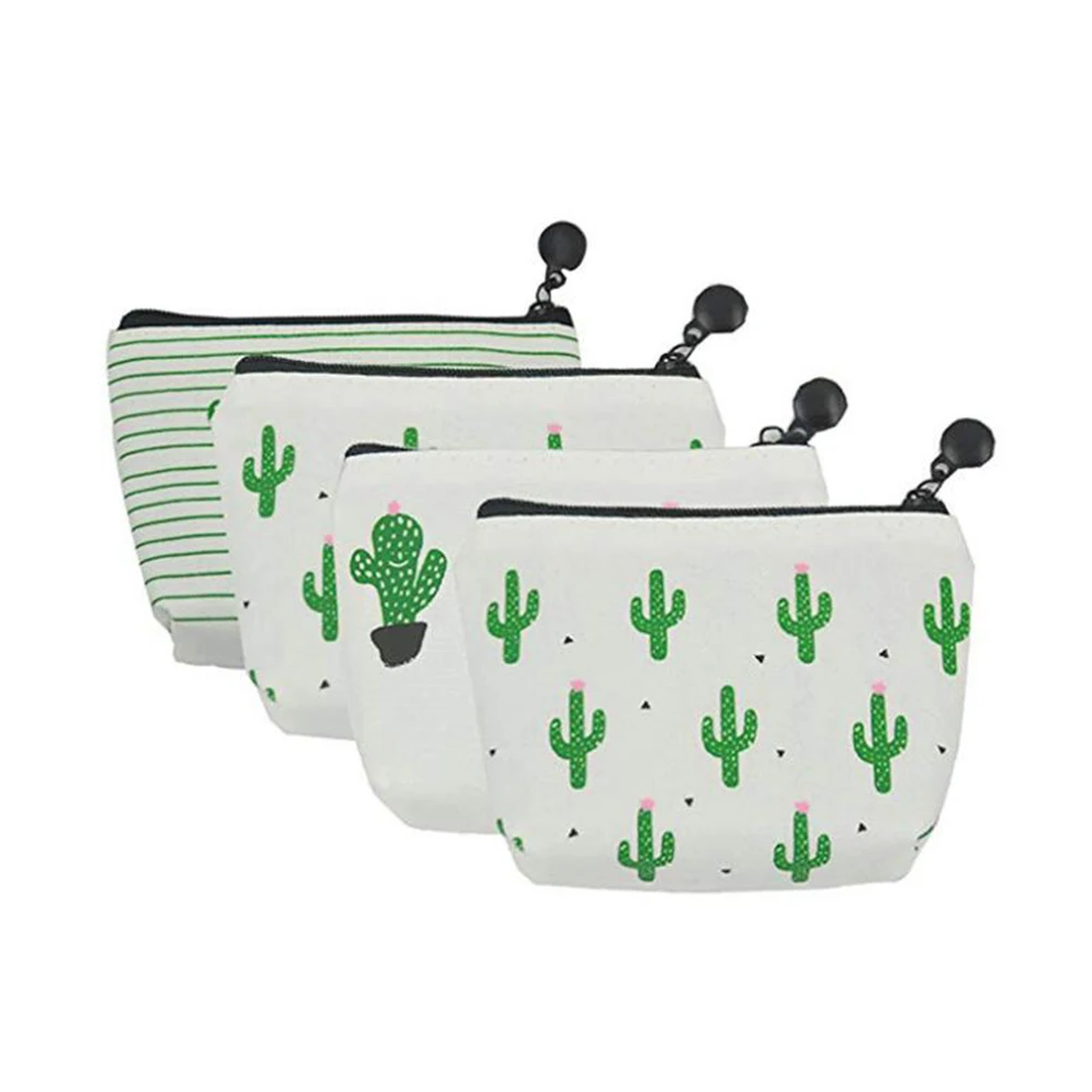 

4 PCS Cactus Coin Wallet Mini Student Pen Pencil Case Canvas Bag Korean Version Holder Makeup Purse
