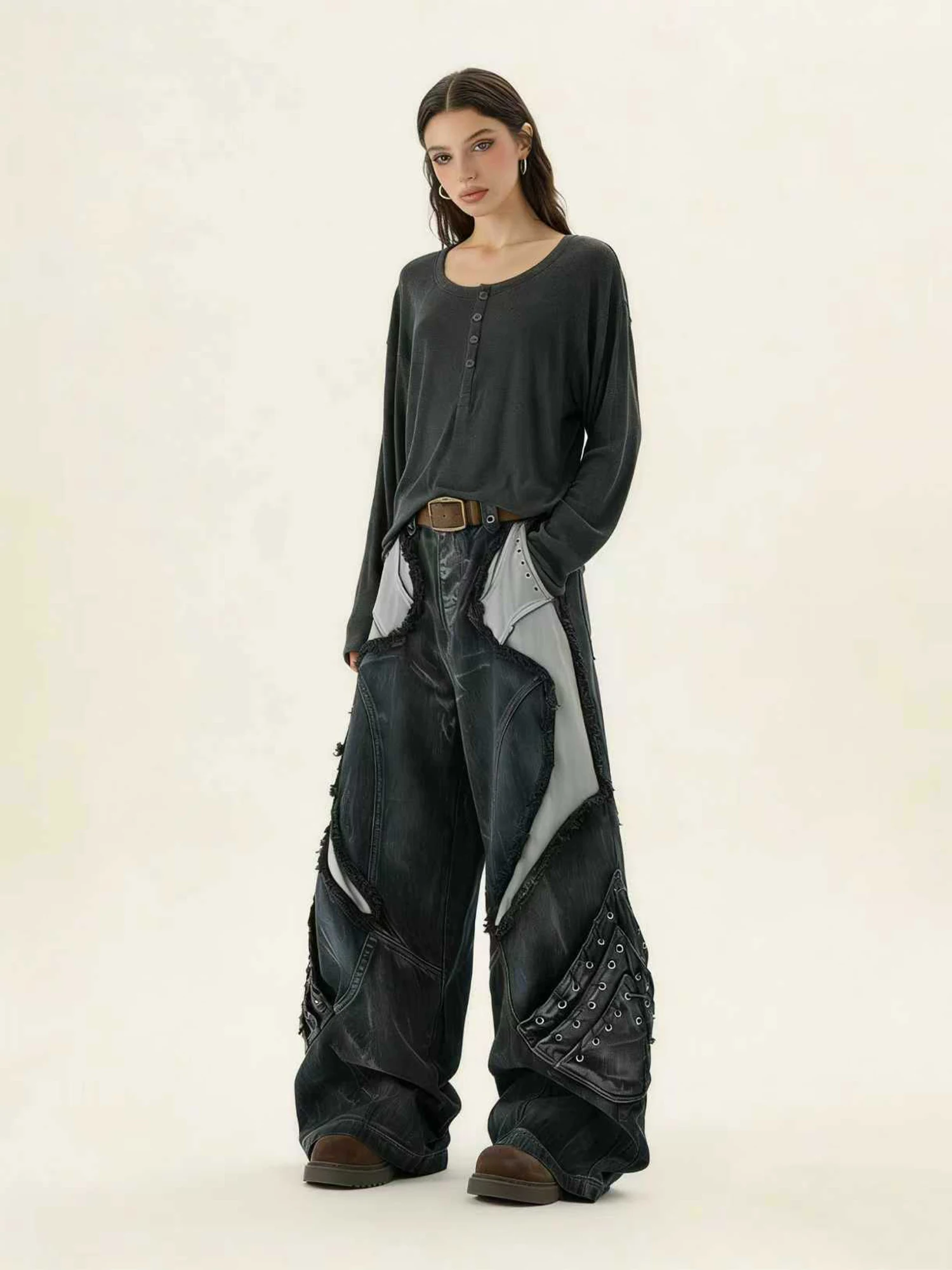 

Женские синие широкие джинсы в стиле эмо, оверсайз, с пэчворком, в стиле гранж, винтажные, в стиле Харадзюку, мешковатые, Y2K, джинсовые брюки, альтернативная одежда