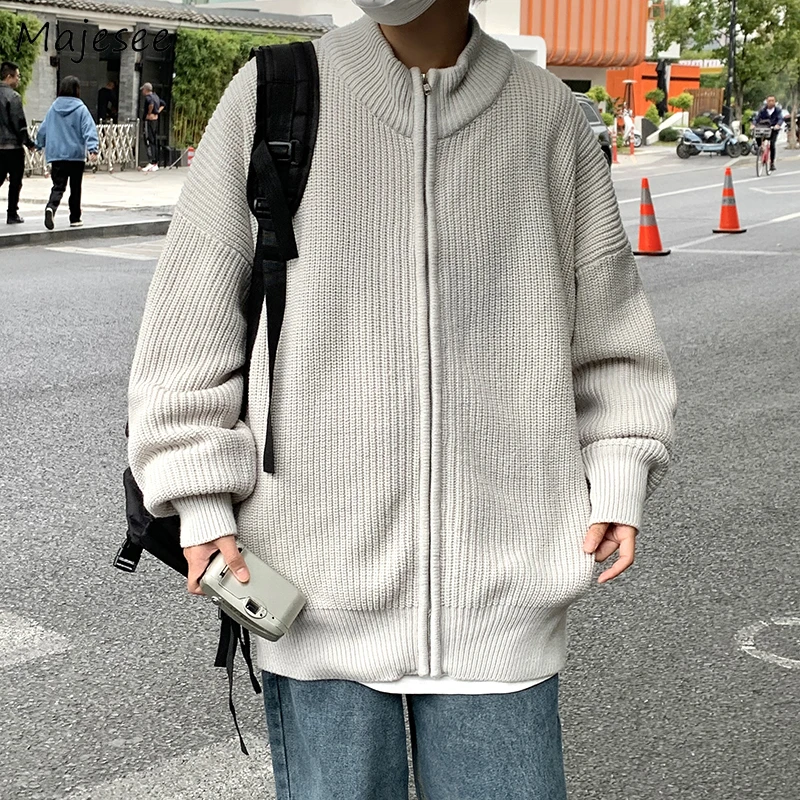 

Vintage Cardigans men Ins Fashion Solid Simple Korean Style Loose O-neck All-match Knitting Zipper Chic Harajuku Clean Teen