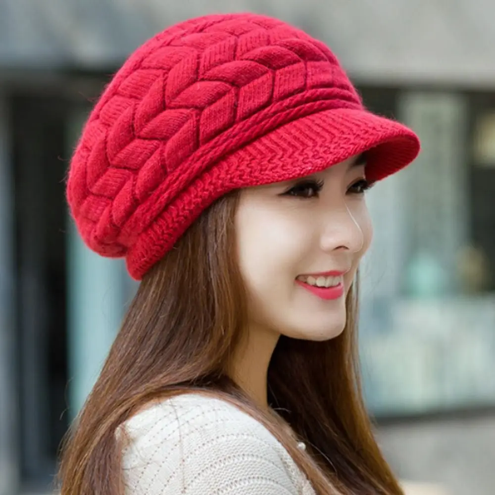 Casual Thickened Knitted Wool Hat Wool Keep Warm Beret Hat Windproof Ear Protection Duck Tongue Cap for Women