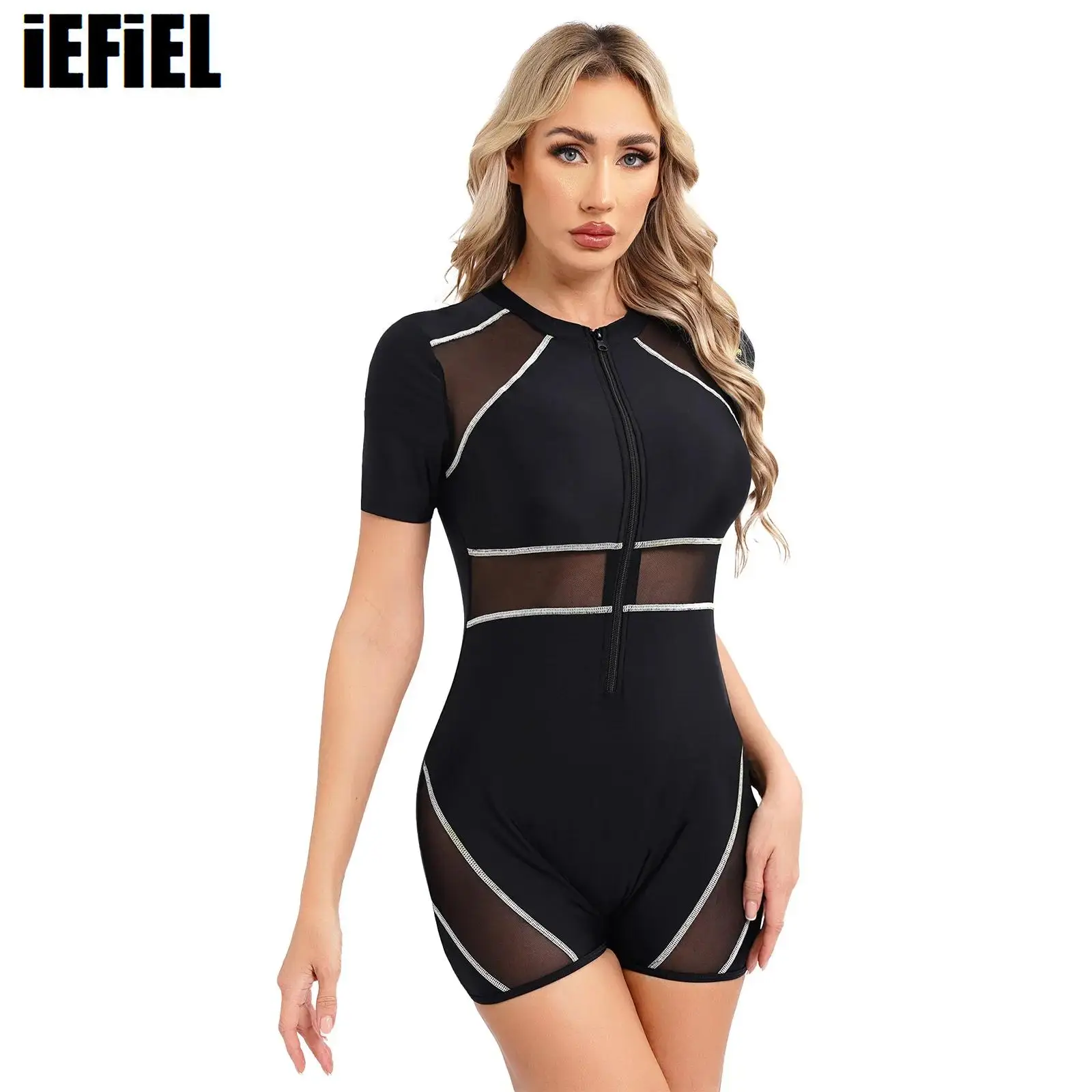 

Women Sheer Patchwork Swimsuit One-piece Athletic Short Sleeve Padded Boyleg Zipper Swimwear UPF 50 Rash Guard Beach Surfing