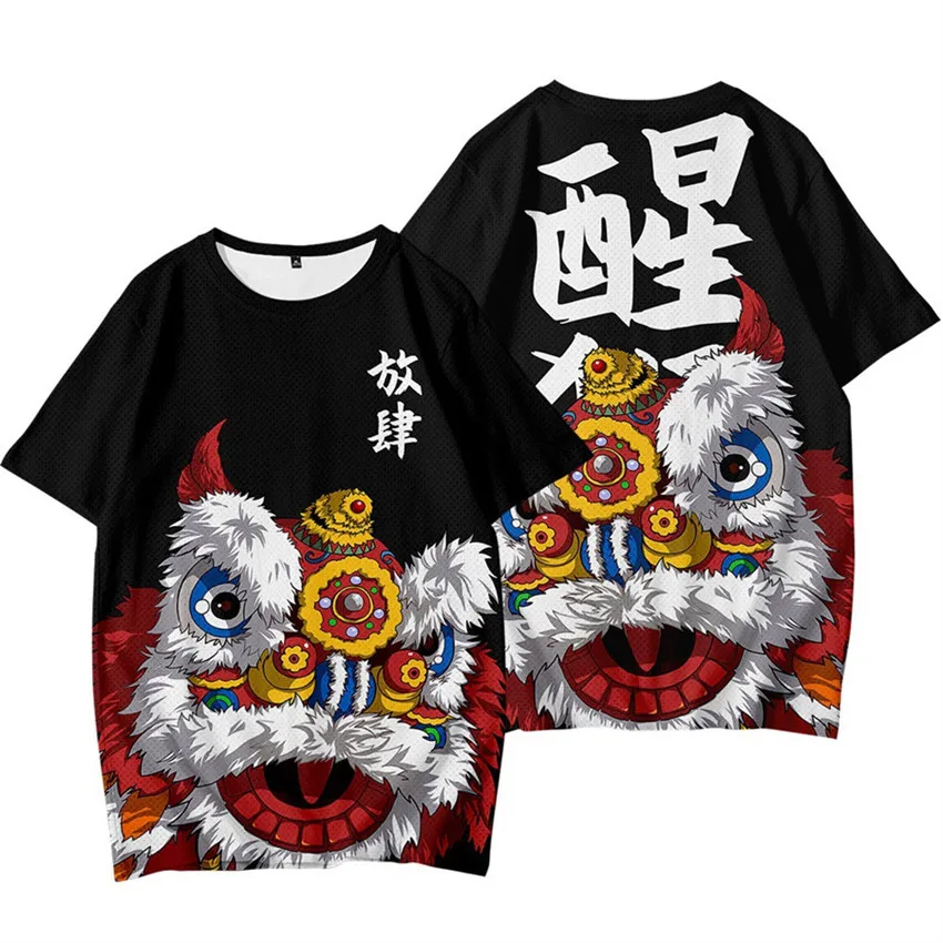 Chinese Style Dragon Lion Dance Printed T-shirt Short Sleeve Cool T Shirt Casual Streetwear 2024 New Arrival Women Men Clothes