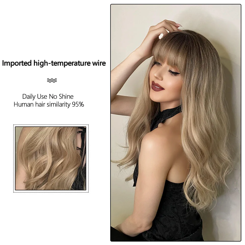 Light Blonde Hair Long Natural Wave Wig with Bangs Cosplay Lolita Party  Heat Resistant Fiber Wigs for Women Daily Fake Hair