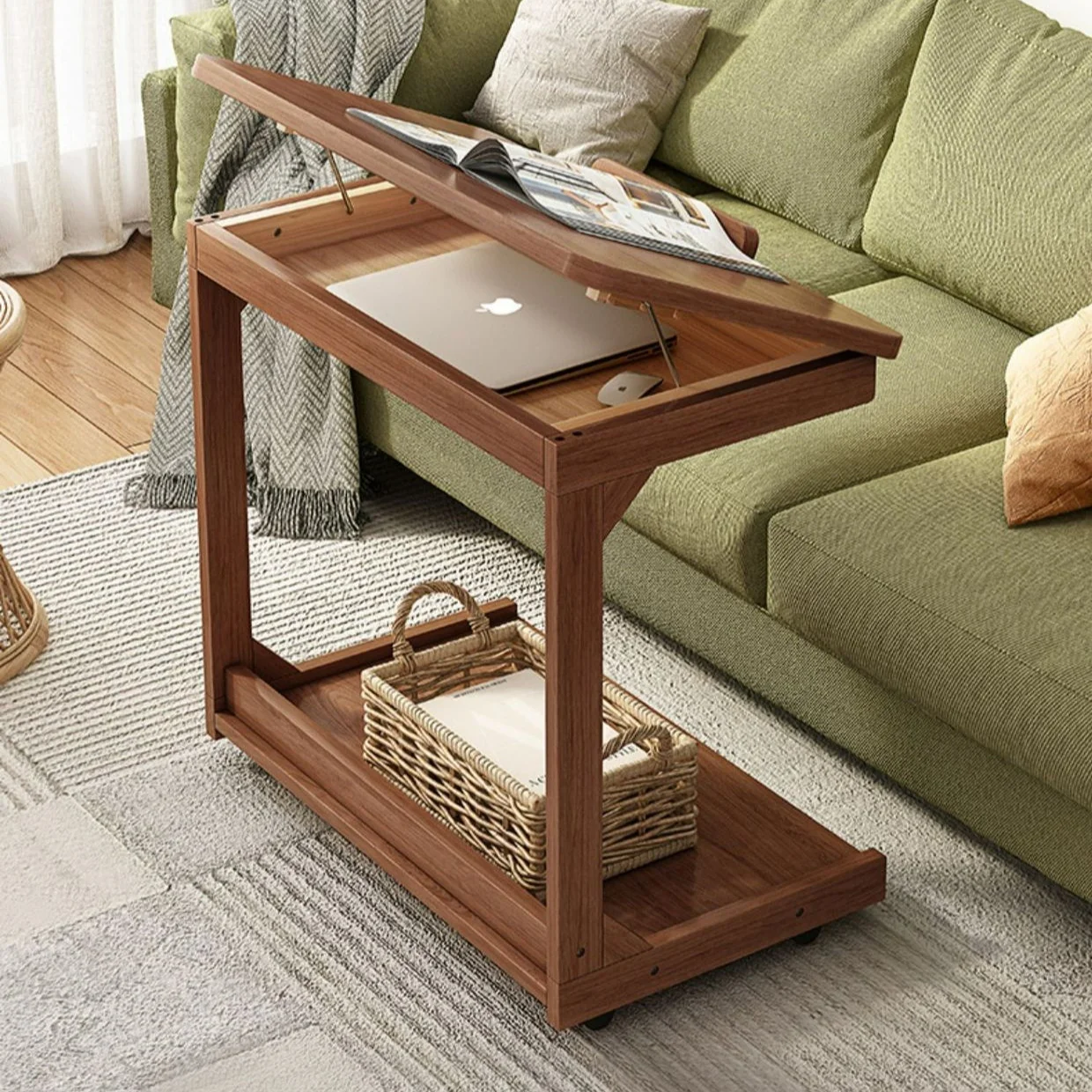 

Mobile solid wood coffee table, living room storage rack, living room sofa flip side table, bedroom solid wood bedside table