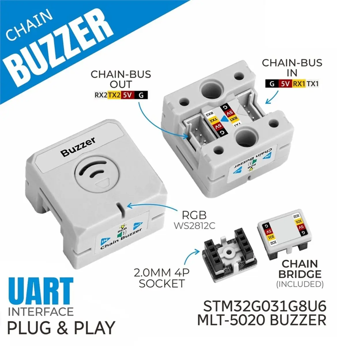 M5 Chain Buzzer MLT-5020 1x RGB LED Built-in STM32 Core Master Control