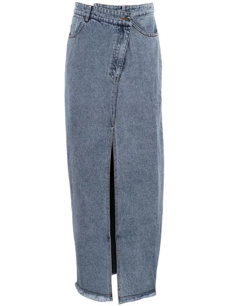 2025 ใหม่สบายๆเอวสูงกระโปรง DENIM ผู้หญิงแยก Maxi Jean กระโปรงฤดูร้อนวันหยุดกระโปรงยาว
