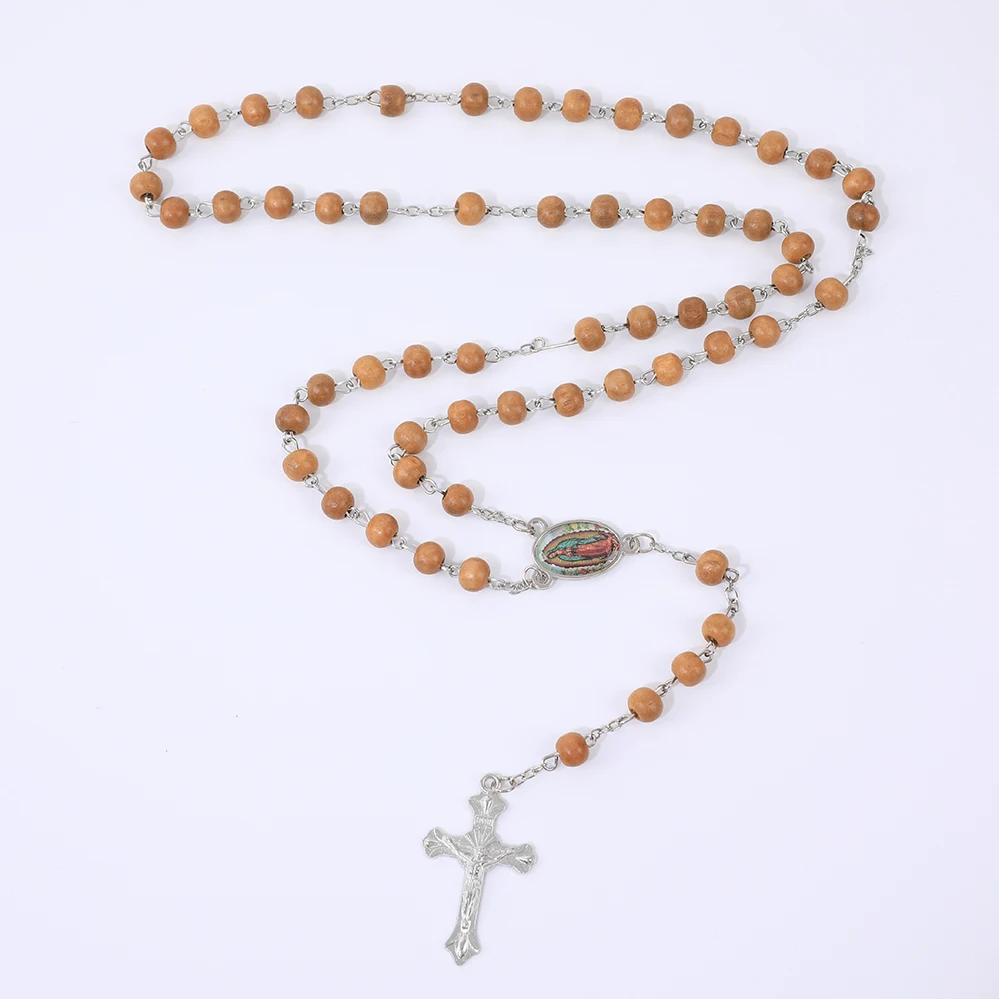 Blaue Rosenkranzkette für Damen und Herren, 6 mm, aus Holz, lange Kette, religiöser Anhänger mit der Jungfrau Maria und einem Kreuz, Herrenschmuck für Partys, Geschenk. – Detail 3