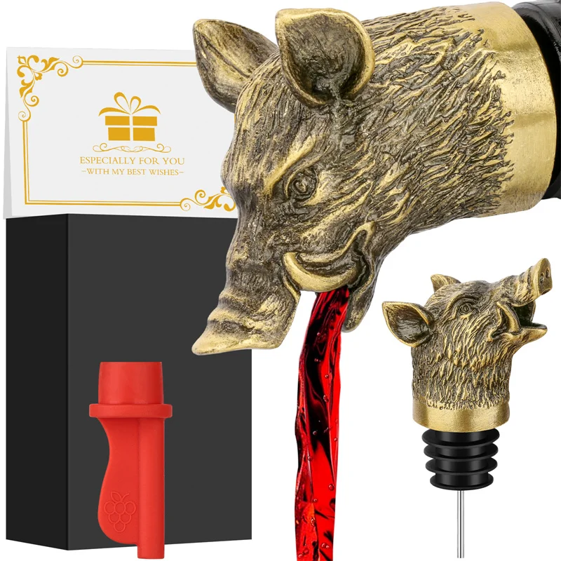 Wild Boar Head Wine Pourer Stopper 2 in 1 Silicone Leakproof Wine Aerator for Bar Kitchen Wedding Party Wine Tool with Box