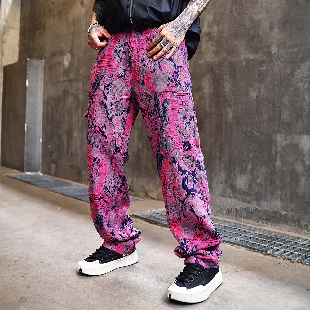 Men Jacquard Weave Denim Jeans Loose Wide Leg Pants Streetwear Hip Hop Purple Red Ripped Pattern Trousers