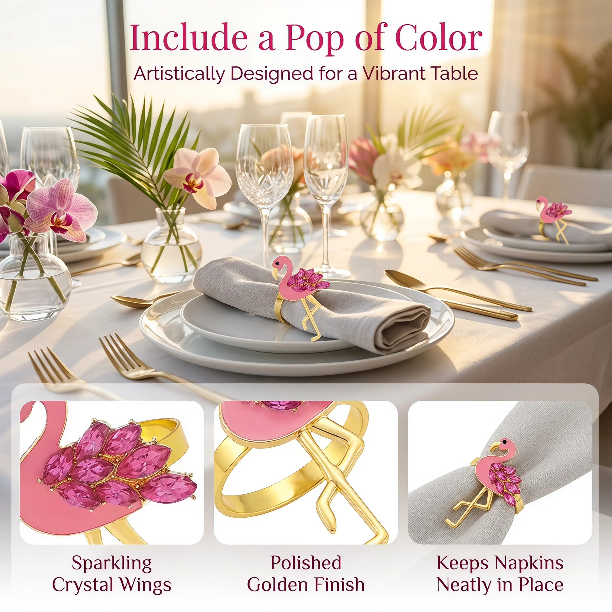 4Pcs Flamingo Napkin Rings Metal Serviette Holders Decorative Napkin Clasps for Dinner Banquet Hawaiian Party Decoration Elegant