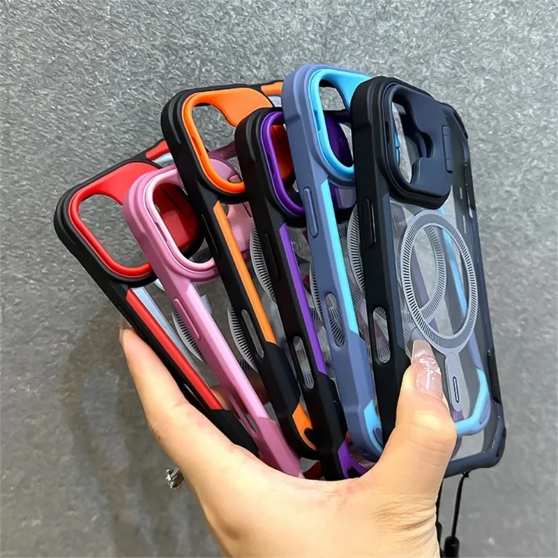 Armor Candy Color Clash For Magsafe Phone Case For iPhone 11 12 13 14 15 16 Pro Max Plus Stand With Wrist Strap Phone Back Cover