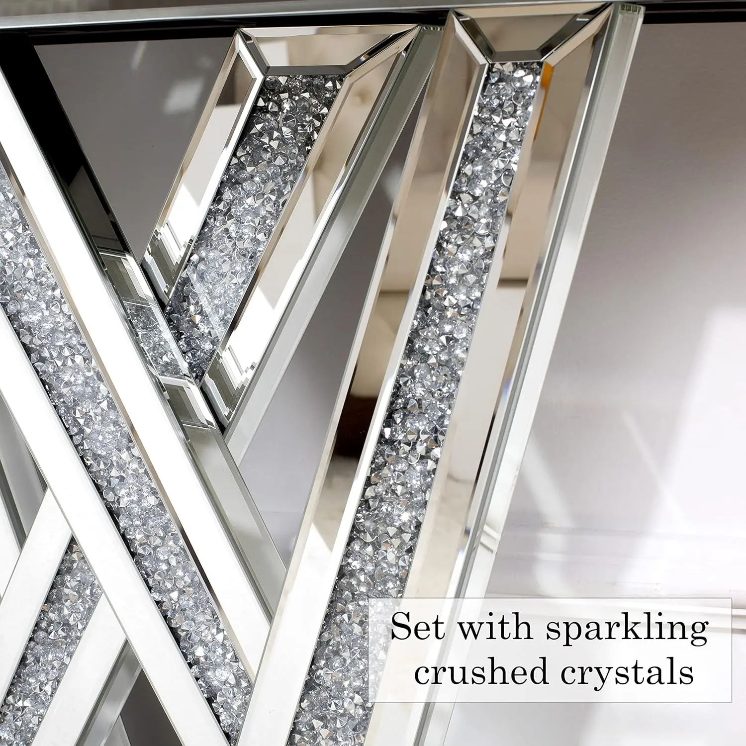 Modern Console Mirrored Finished Glam Style Silver Entryway Table Inlay with Sparkly Crushed Crystals 35 inches Contemporary