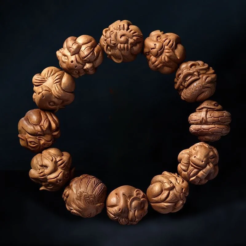 Sandalwood The Twelve Chinese Zodiac Signs Bracelets Invite Wealth A Mythical Wild Animal Wood Carving Ornament Buddhist Beads