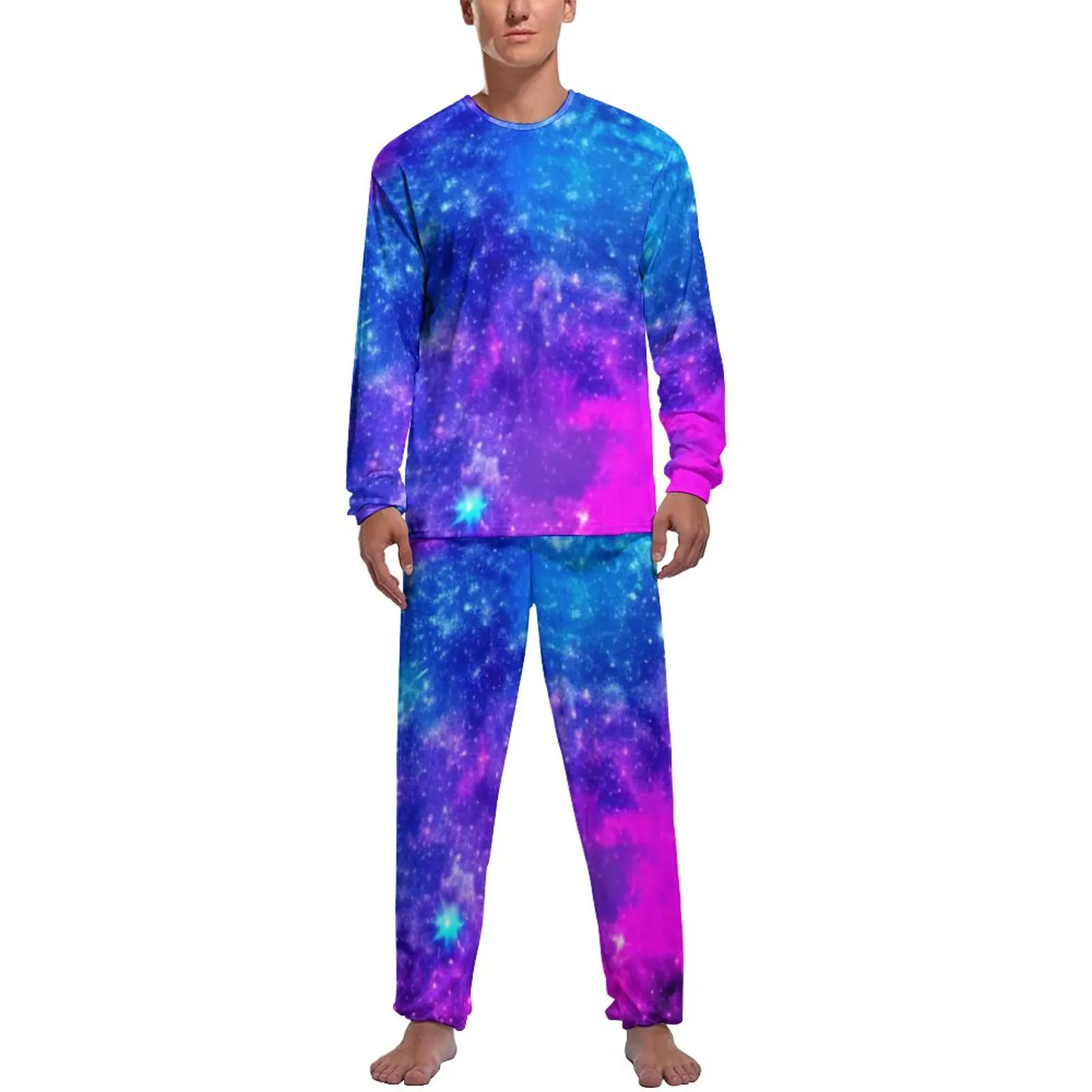 Abstract Galaxy Pajamas Autumn 2 Pieces Blue and Pink Cute Pajama Sets Man Long Sleeve Room Pattern Nightwear