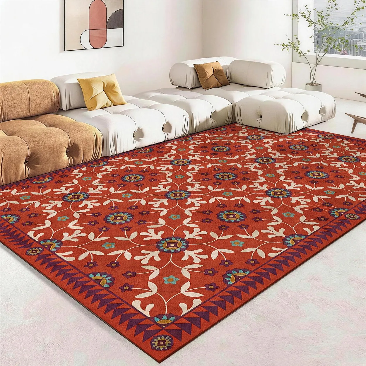 [2d Flat]1Pc Rectangular Rug Retro Floral Pattern Red Brown Base with Blue And White  Rug Suitable for Bedroom Living Room Dining Room Kitchen Laundry Room Office Gaming Room Home Decoration