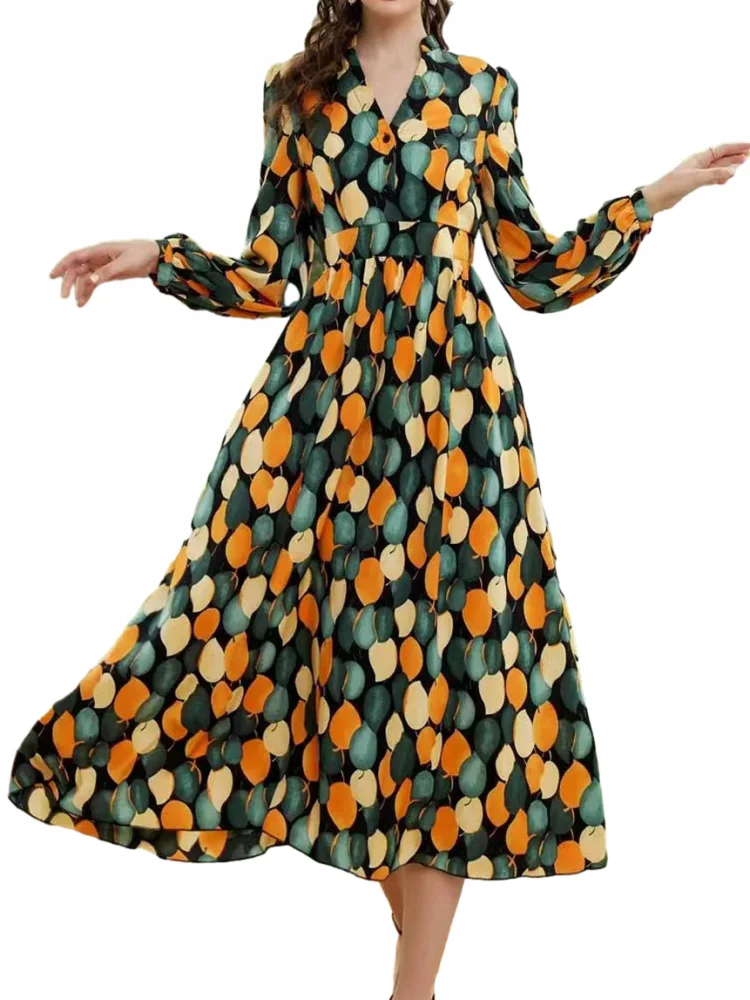 

Spring Summer New Fashion Women Boho Dress V-neck Printed Long Sleeve High Waist Button Midi Dress Daily Party Holiday Outftis