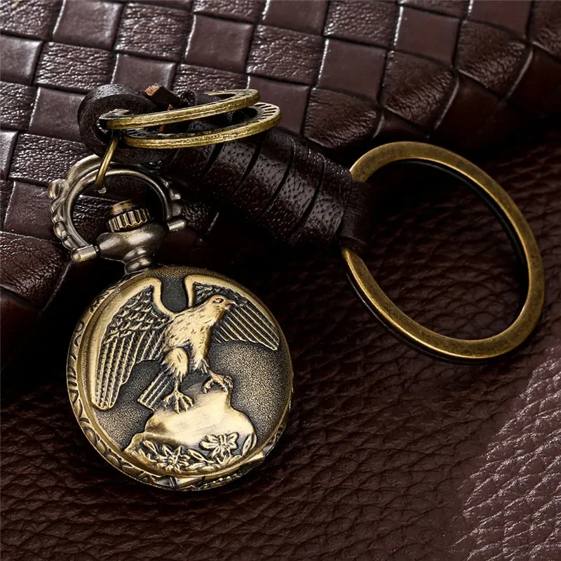 Antique Style Small Size Watch Full Hunter Carved Eagle Pattern Men Women Quartz Analog Pocket Watches Pendant Key Ring Clock