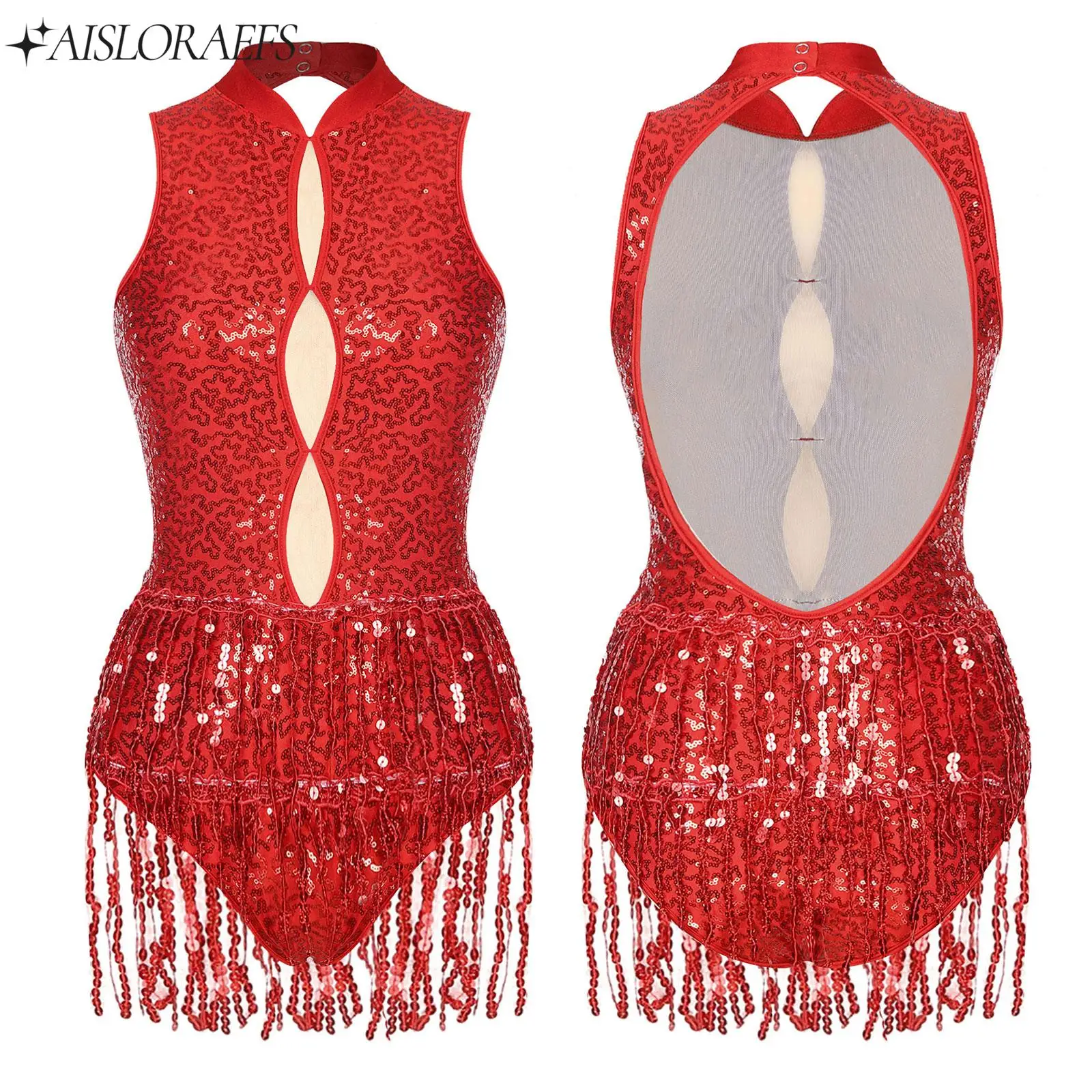 

Womens Sequins Tassels Latin Dance Costume Backless Fringed Bodysuit Leotard Samba Cha-cha Dance Jumpsuit Performance Dancewear