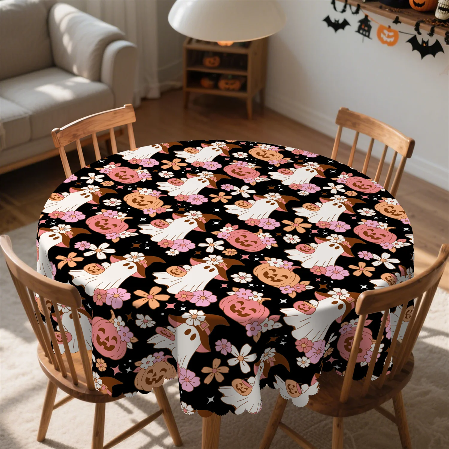 Pumpkin Ghost Flower Star Halloween Tablecloth - 1 pack - Suitable for kitchen table, outdoor party decorationzyc