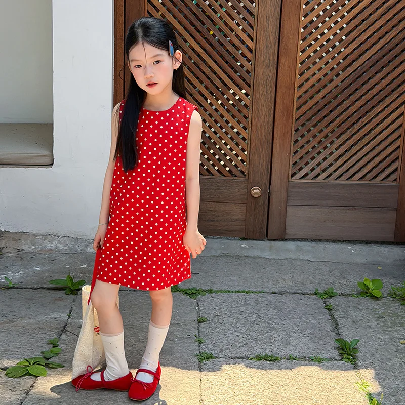 Summer Girls Retro‑Inspired Sleeveless Tank Princess Dress Red Polka Dot With Cut‑Out Back Children Vibrant Color Matching Dress
