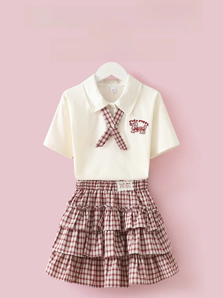 girls-summer-school-style-outfit-short-sleeve-plaid-skirt-set-two-piece-set-children's-checkered-cake-half-skirt-top-bottom-set