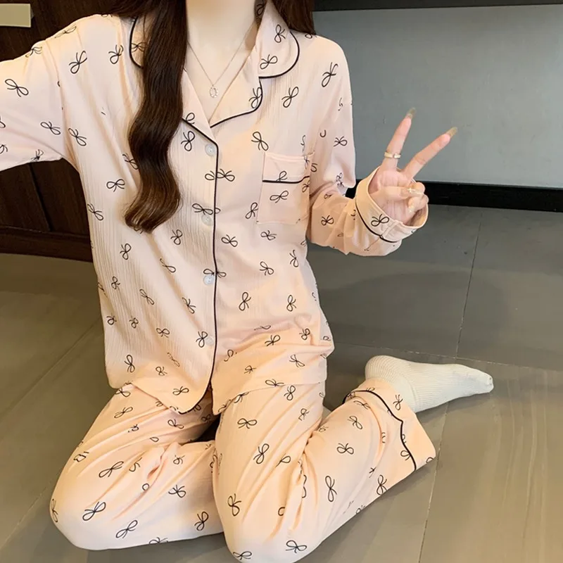 الوردي ربطة القوس فيونكة الحب طباعة منامة للنساء كم طويل بلوزات ومرونة الخصر السراويل منامة مجموعة Harajuku نمط ملابس منزلية جديدة غير رسمية