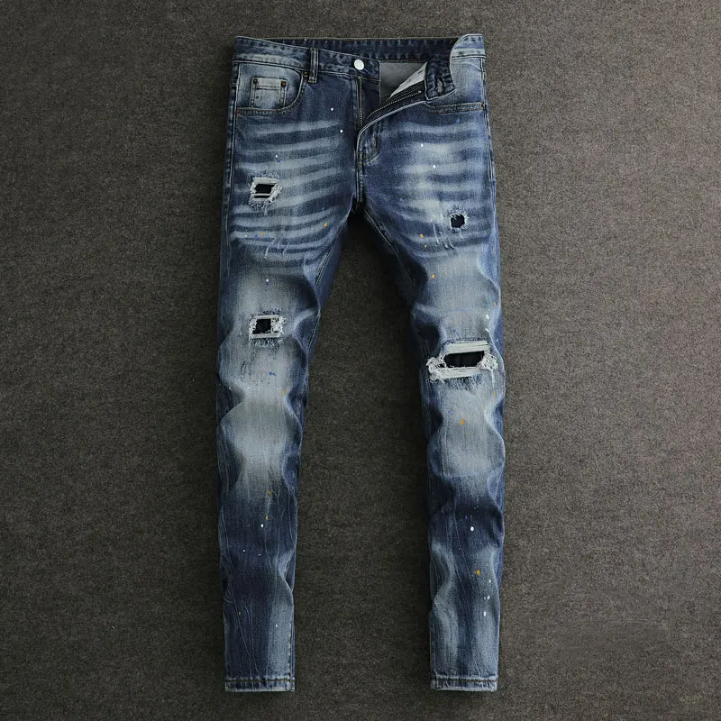 

Fashion Vintage Men Jeans Retro Blue Elastic Skinny Fit Hole Ripped Jeans Men Painted Designer Hip Hop Denim Pencil Pants Hombre