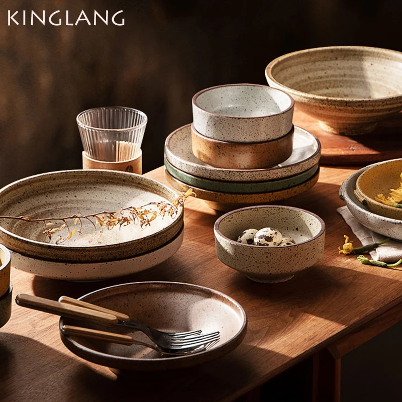 KINGLANG 2 Sizes Vintage Japanese Deep Plate Handmade Retro Dinner Plate Household Dish Plate Microwave Oven Safe Plate