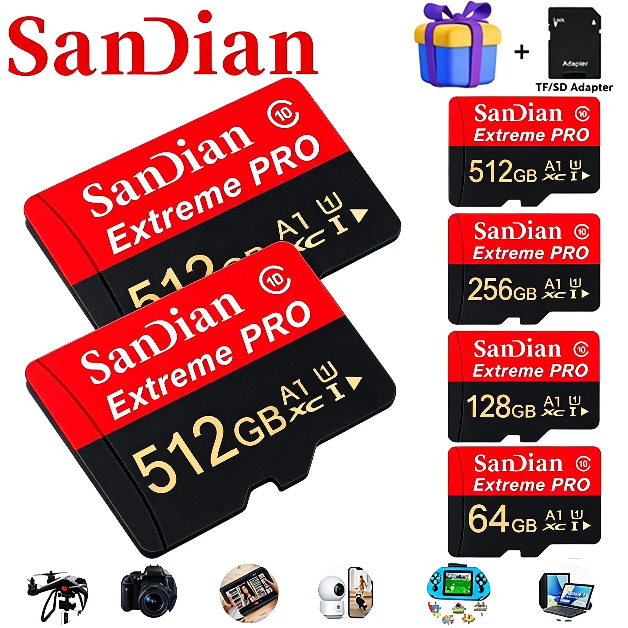128GB 512GB 64GB Max TF Cards Memory Card Micro TF SD Card SD Cards A1 V30 for Drone/Mobile/MP3 Player/MP4 Player/Recorder
