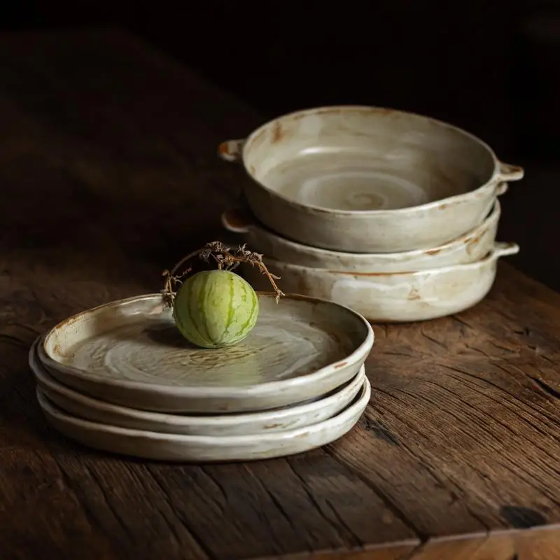 

Retro Glazed Cerc Serving Plate round Flat Di Irregular ape Vegetable And Fruit Salad Breakfast Dinnerware from Jingde...