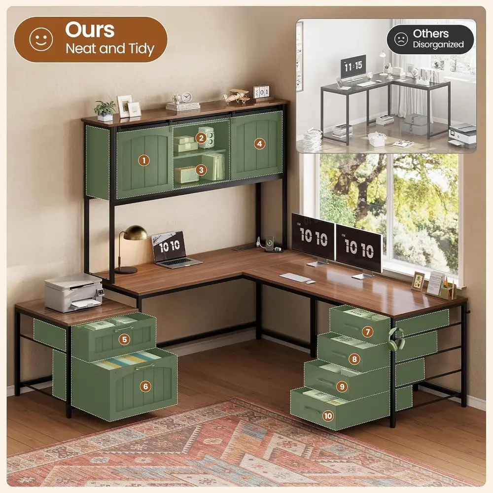 L-Shaped Office Desk with 6 Drawers, Reversible, Power Outlet, Hutch, and Printer Storage Shelves, Black