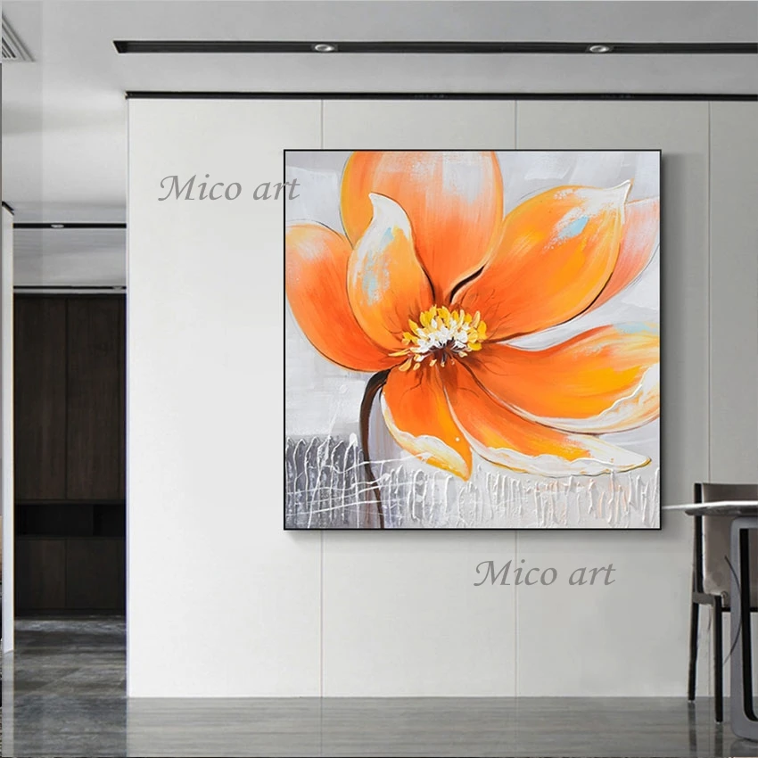 Canvas Oil Paintings Large Size Beautiful 3D Flower Picture Bedroom Wall Art Poster Frameless Orange Acrylic Textured Drawing