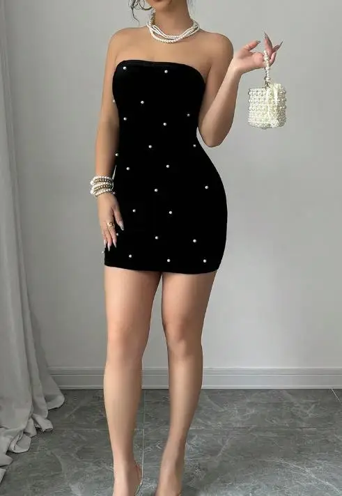 

Women's Dress Summer Fashionable French Classic Style, Nail Bead Velvet Texture, High-End Strapless Dress Suitable for Banquets