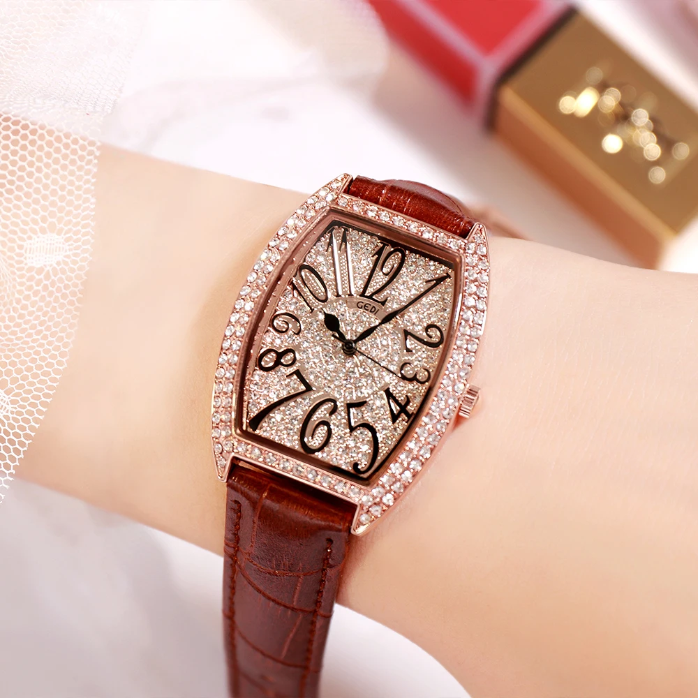 

GEDI Luxury Full-of-Diamond Quartz Wrist Watch for Women Elegant Waterproof Arabic Numerals Leather Strap Ladies Wristwatch