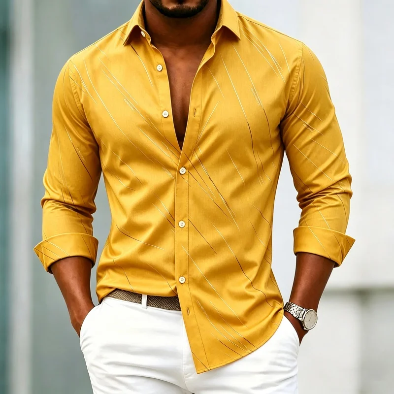 Men's Shirt Long Sleeve Diagonal Thin Line Print Turn Down Collar Casual Streetwear Autumn Daily Fashion Top Men Clothes