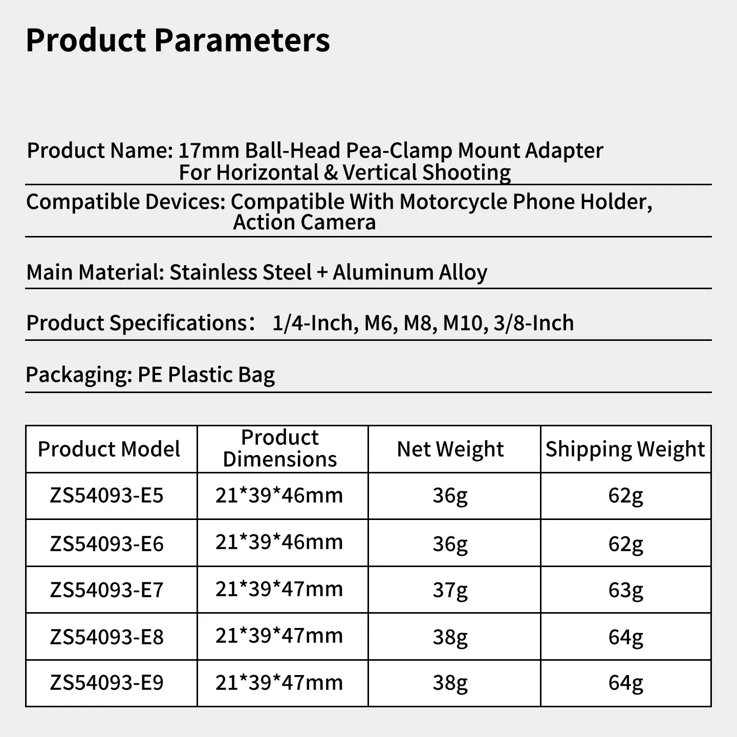 17mm Kugelkopf auf 1/4 M6 M8 M10 3/8 Schraubadapter aus Aluminium für GoPro Insta360 DJI Actionkamera Handy Motorradhalterung – Detail 14