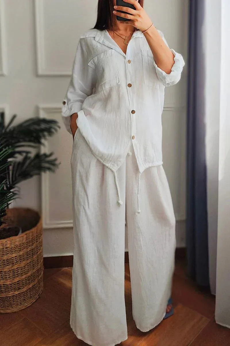 Cotton Linen Loose Set Women Casual Shirt Blouses Wide Leg Trouse 2 Piece Set Female Loose Oversized Pants Suit Women\'s Autumn