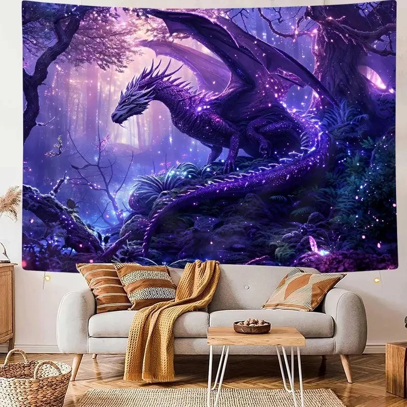 VIKAMA Enchanted Forest Dragon Tapestry Purple Myth Dragon Glowing Magical Trees Wall Hanging Mystic Fantasy Wall Decor for Indo