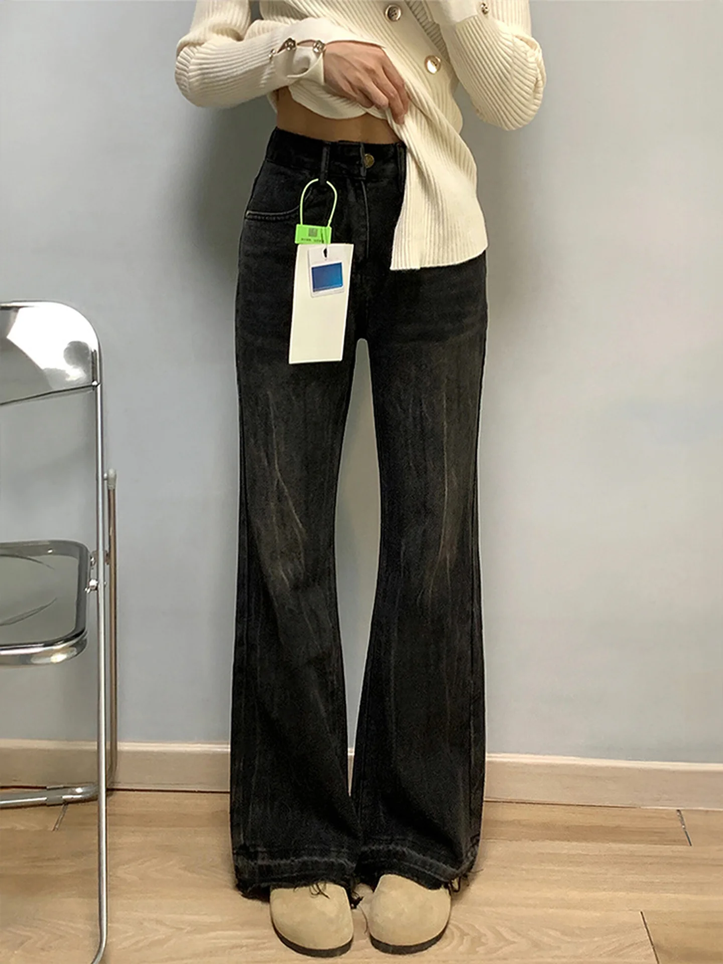 High Waist Flared Wide Leg Jeans Women's Bla ey Retro High Street Sle Autumn Winter Slimming Straight Cut Floor-Length