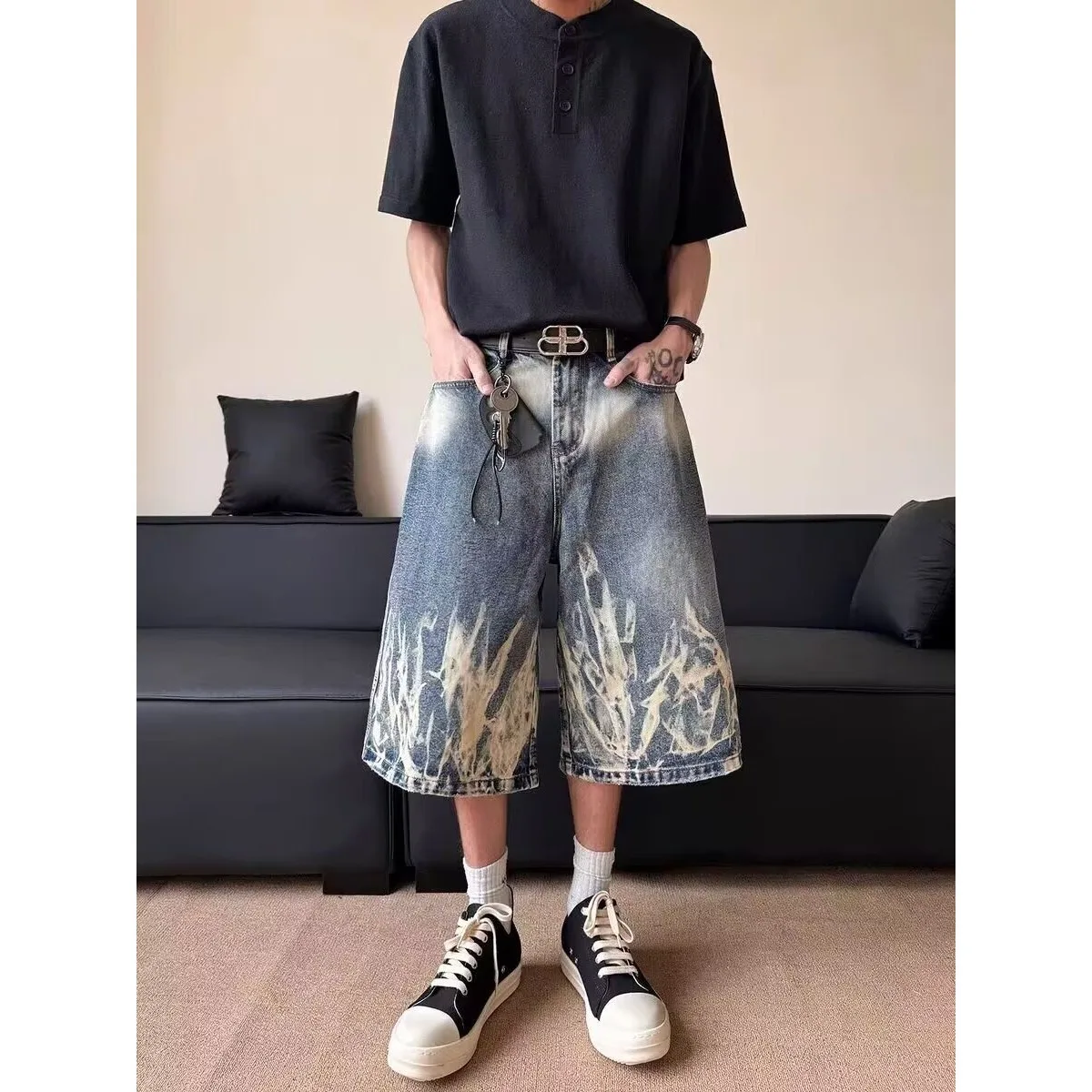 

Vintage Streetwear 90s High Waist Wide Leg Jeans Man Summer Men Casual Baggy Y2K Shorts Washed Cotton Grunge Print Denim Shorts