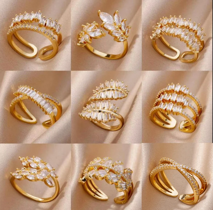 White Zircon Flower Leaf Shape Stainless Steel Rings For Women Adjustable Aesthetic Wedding Ring Light Luxury Female Jewelry BFF